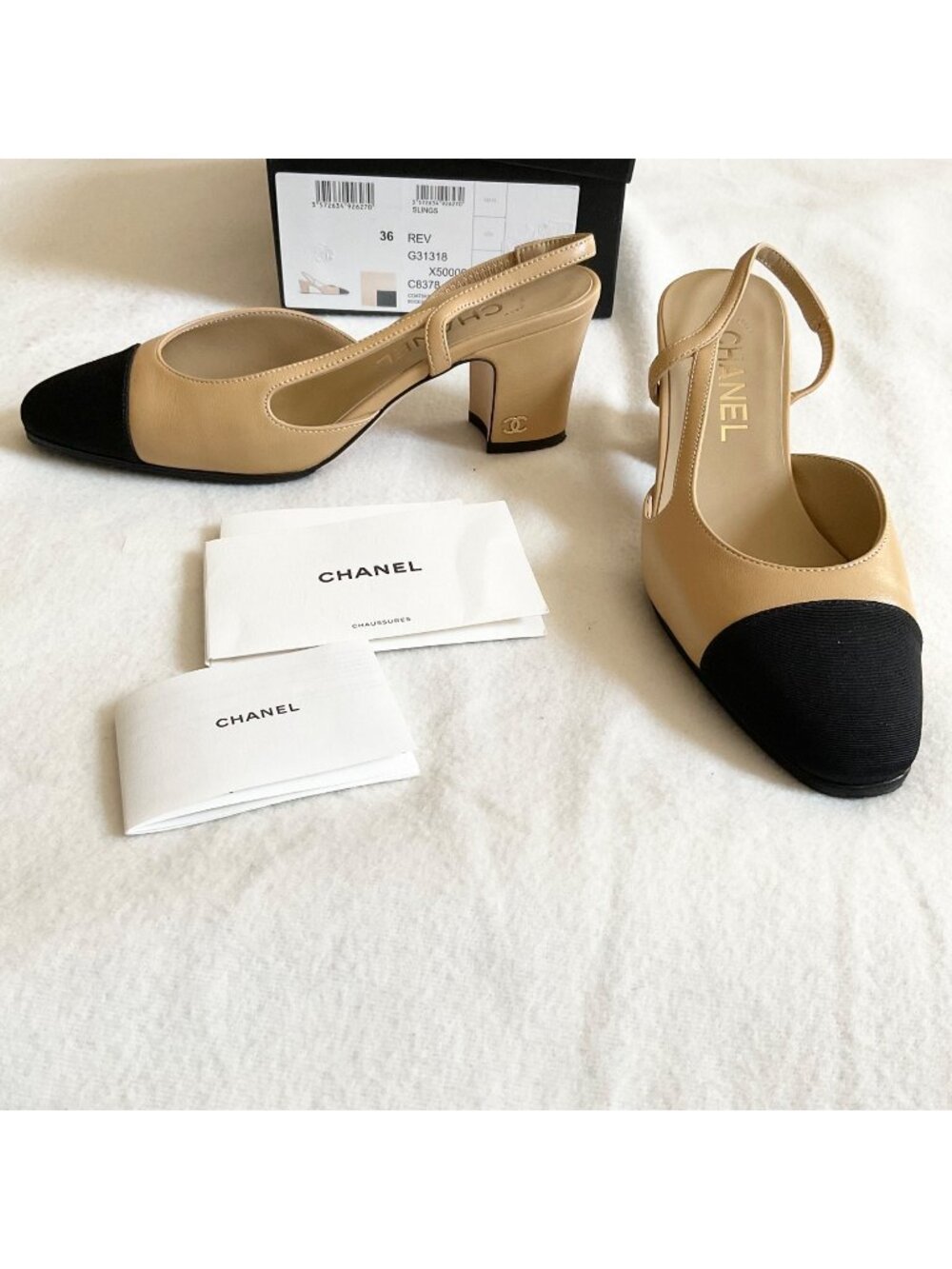 Like NU CHANEL Interlocking BLK beige Leather Slingback Pumps heels36 US5.5